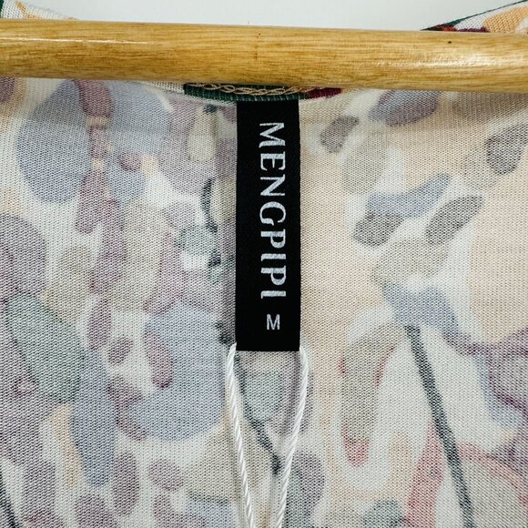 Mengpipi Floral Multicolor Tiered Short Flutter Sleeve V-Neck Top Blouse Size M - Picture 6 of 9